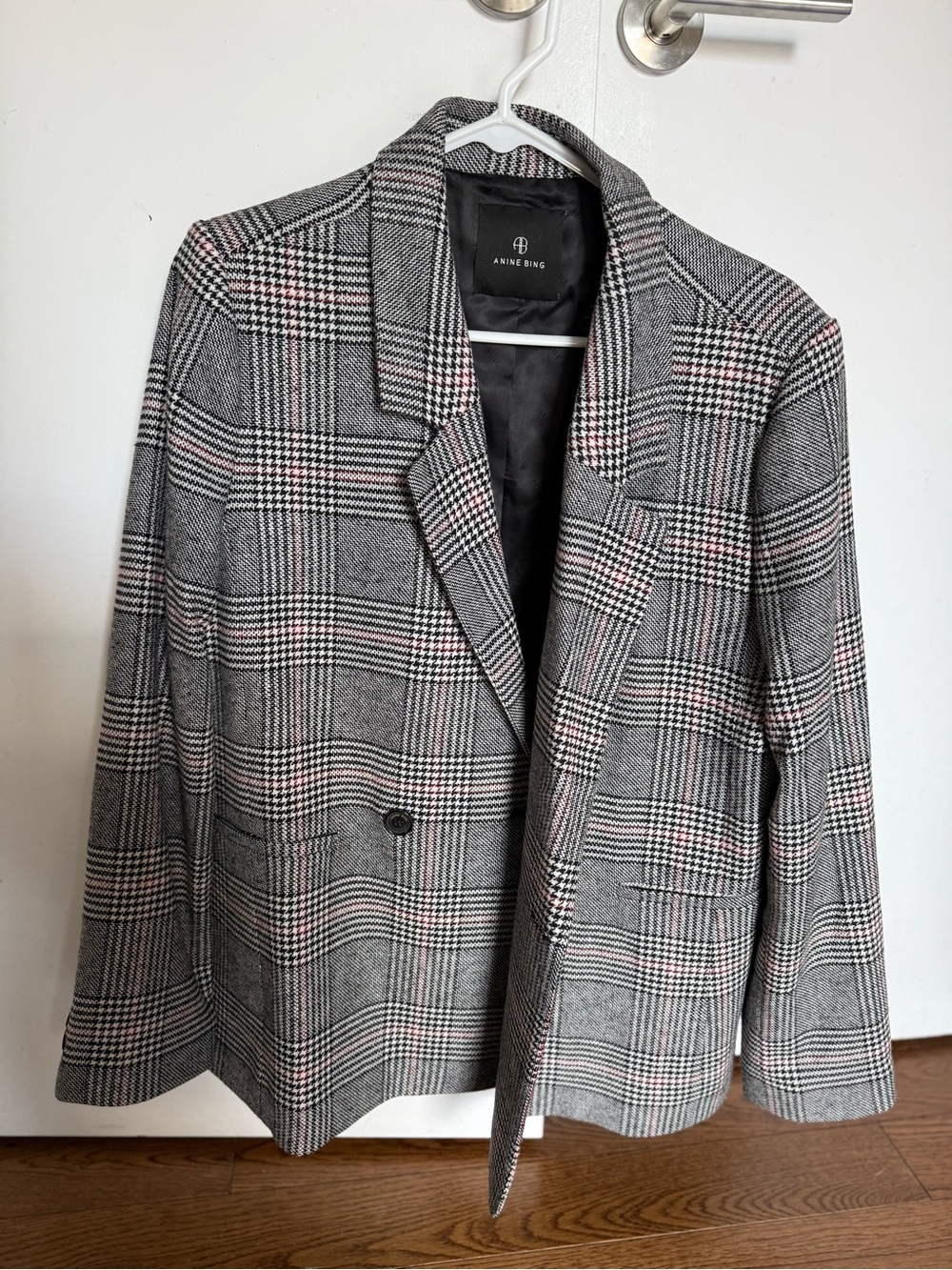 Anine Bing Grey Plaid Double-Breasted Blazer Jacket
